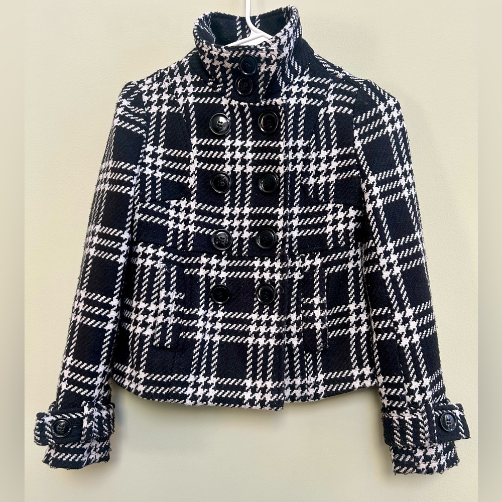 Black and white plaid Kids peacoat with button-up front, collar, and cuffs